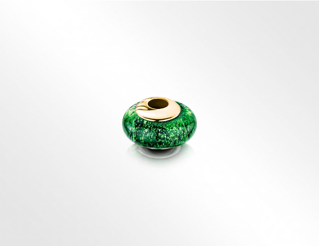 Rounded deep emerald green and gold bead