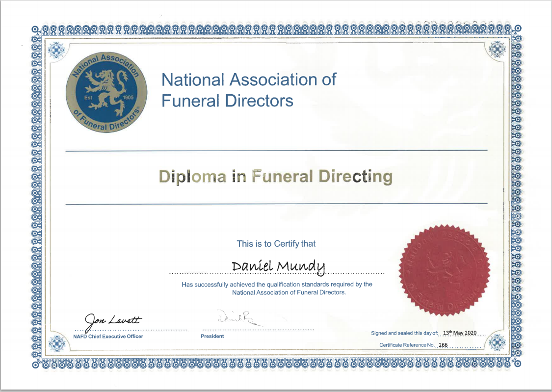 Certificate of diploma from National Funeral Directors